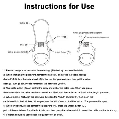 Combination Lock for Bike Helmet, Telescopic Steel Cable Anti-Theft Safety Lock for Bicycle, Suitcase, and Luggage